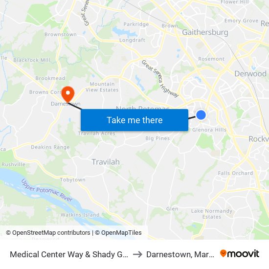 Medical Center Way & Shady Grove Rd to Darnestown, Maryland map