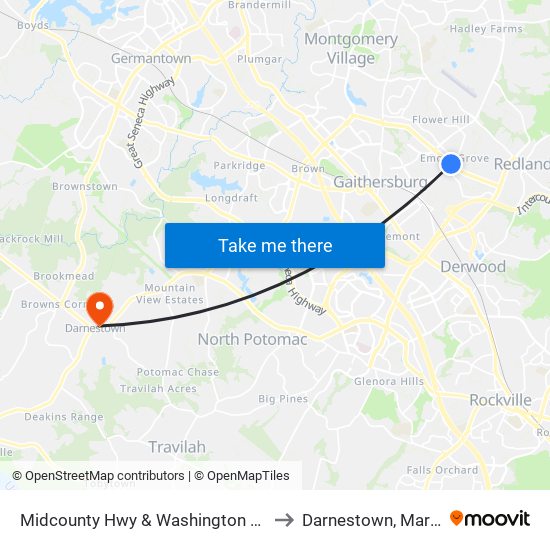Midcounty Hwy & Washington Grove Ln to Darnestown, Maryland map