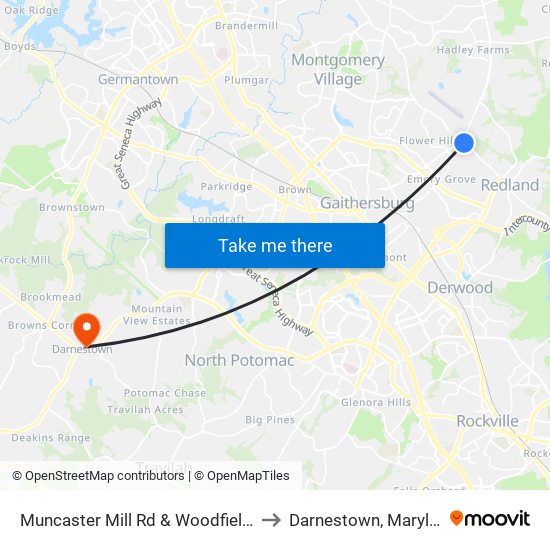 Muncaster Mill Rd & Woodfield Rd to Darnestown, Maryland map