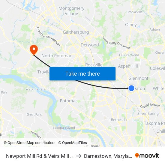 Newport Mill Rd & Veirs Mill Rd to Darnestown, Maryland map