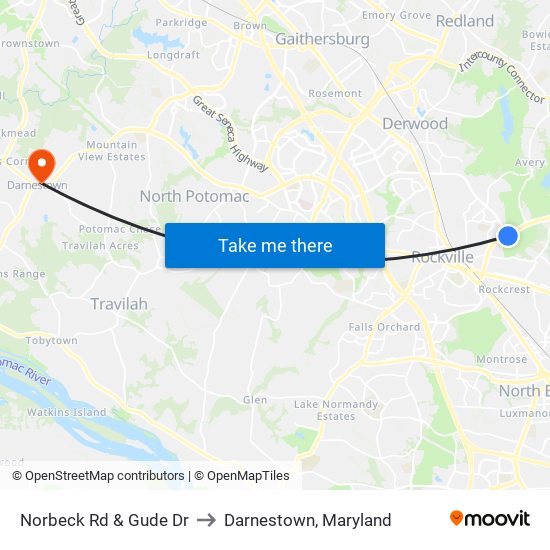 Norbeck Rd & Gude Dr to Darnestown, Maryland map