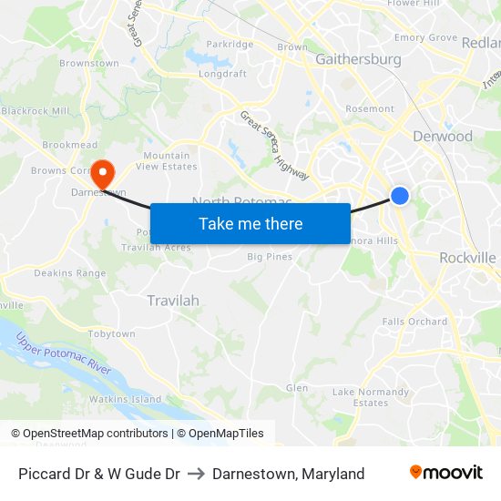 Piccard Dr & W Gude Dr to Darnestown, Maryland map