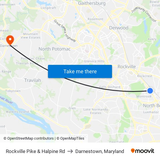 Rockville Pike & Halpine Rd to Darnestown, Maryland map