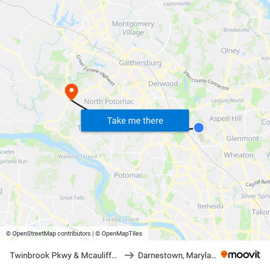 Twinbrook Pkwy & Mcauliffe Dr to Darnestown, Maryland map