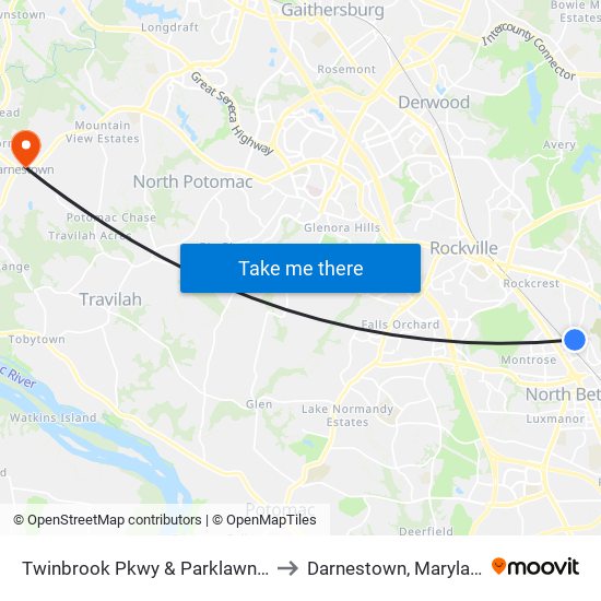 Twinbrook Pkwy & Parklawn Dr to Darnestown, Maryland map