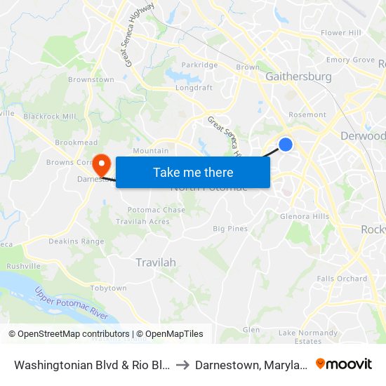 Washingtonian Blvd & Rio Blvd to Darnestown, Maryland map