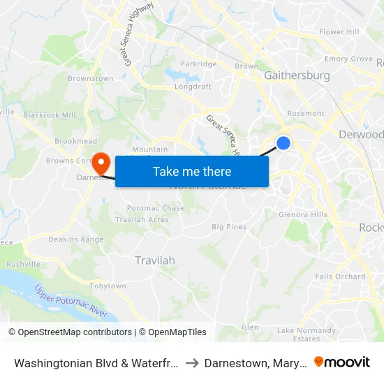 Washingtonian Blvd & Waterfront Pl to Darnestown, Maryland map