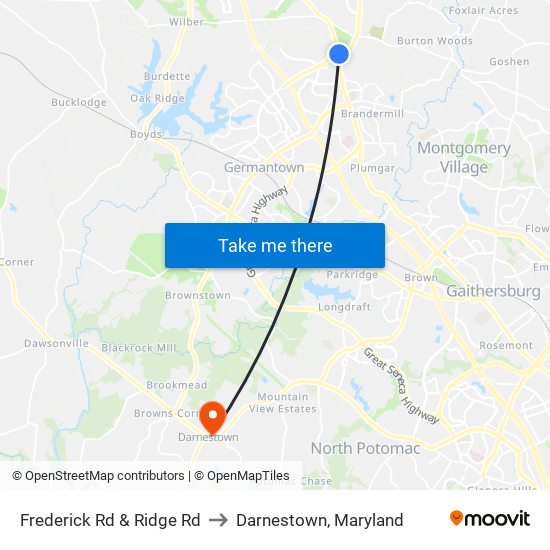 Frederick Rd & Ridge Rd to Darnestown, Maryland map