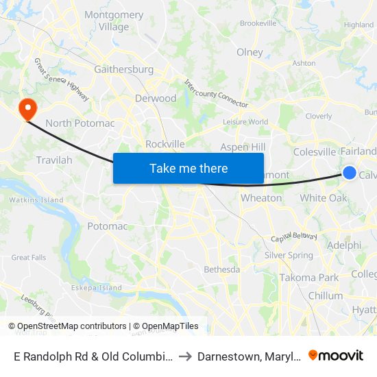 E Randolph Rd & Old Columbia Pk to Darnestown, Maryland map