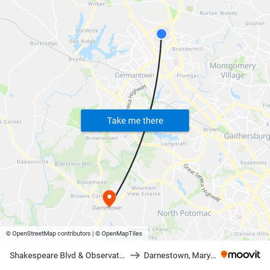 Shakespeare Blvd & Observation Dr to Darnestown, Maryland map