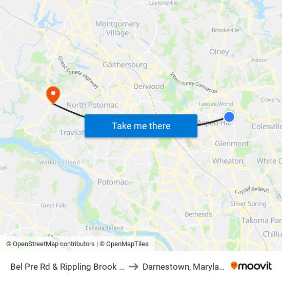 Bel Pre Rd & Rippling Brook Dr to Darnestown, Maryland map