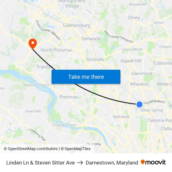 Linden Ln & Steven Sitter Ave to Darnestown, Maryland map