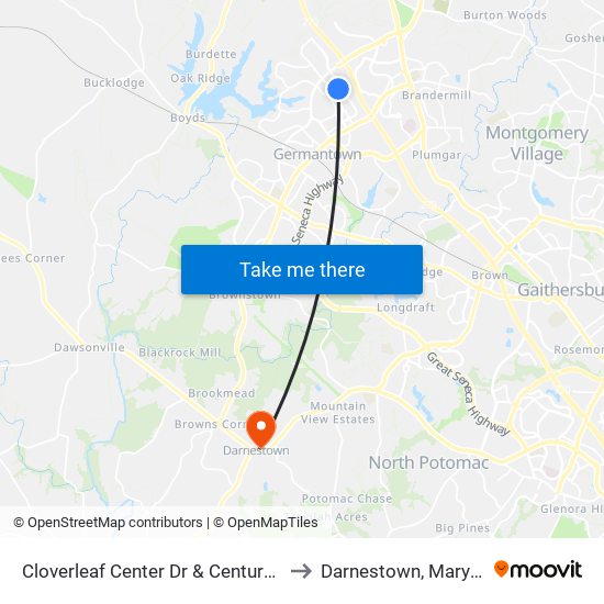 Cloverleaf Center Dr & Century Blvd to Darnestown, Maryland map