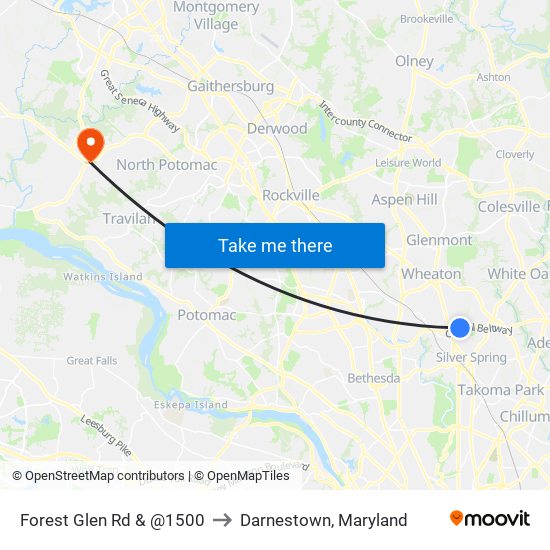 Forest Glen Rd & @1500 to Darnestown, Maryland map