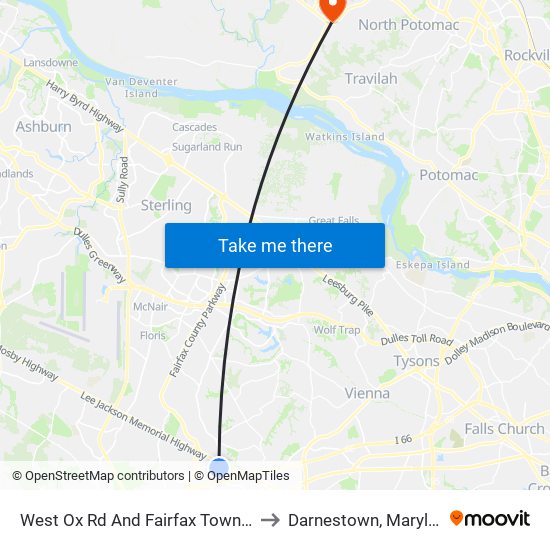 West Ox Rd @ Fairfax Towne Ce to Darnestown, Maryland map