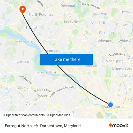 Farragut North to Darnestown, Maryland map