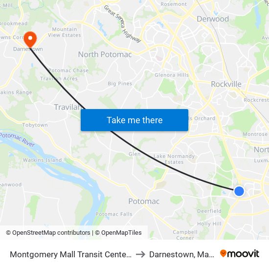 Montgomery Mall Transit Center & Bay E to Darnestown, Maryland map