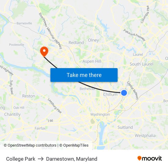 College Park to Darnestown, Maryland map