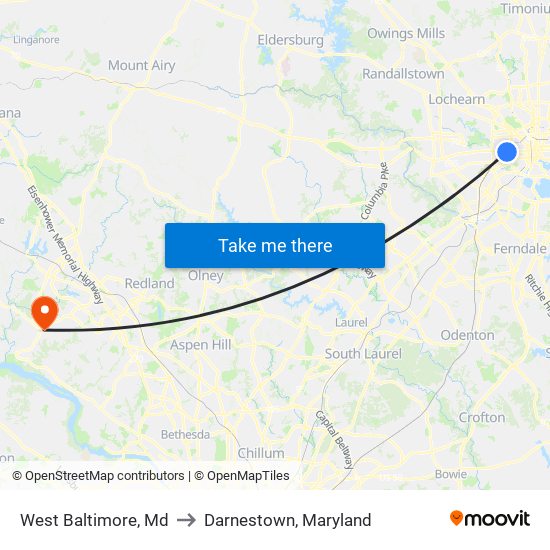 West Baltimore, Md to Darnestown, Maryland map