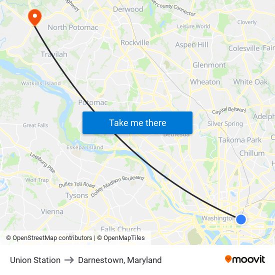 Union Station to Darnestown, Maryland map