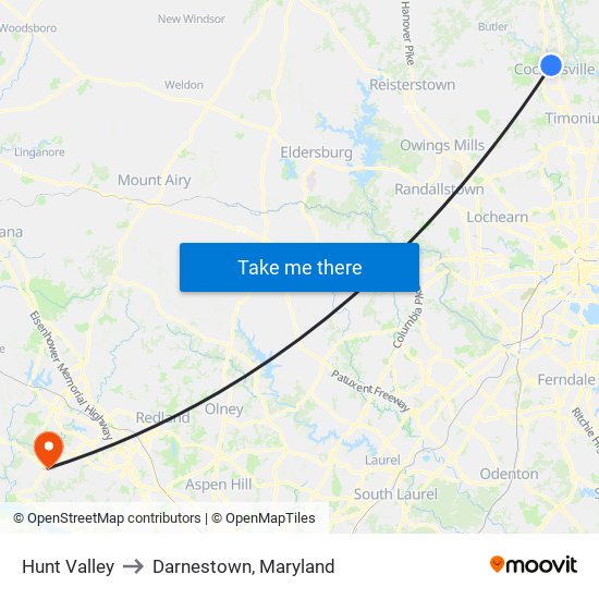 Hunt Valley to Darnestown, Maryland map