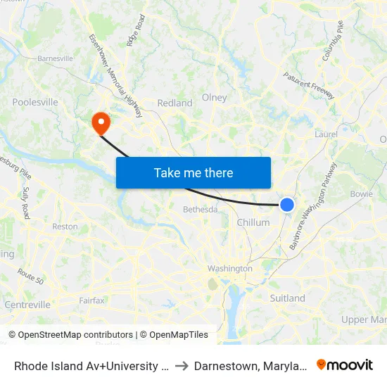 Rhode Island Av+University Bl to Darnestown, Maryland map