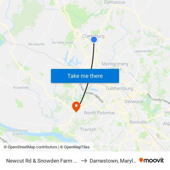 Newcut Rd & Snowden Farm Pkwy to Darnestown, Maryland map