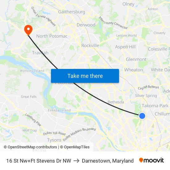 16 St Nw+Ft Stevens Dr NW to Darnestown, Maryland map