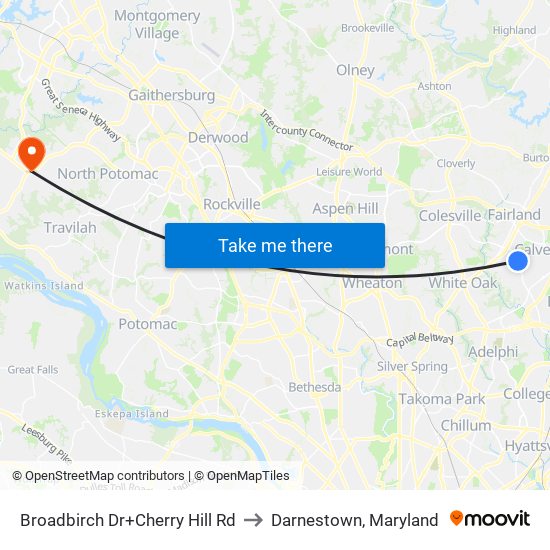 Broadbirch Dr+Cherry Hill Rd to Darnestown, Maryland map