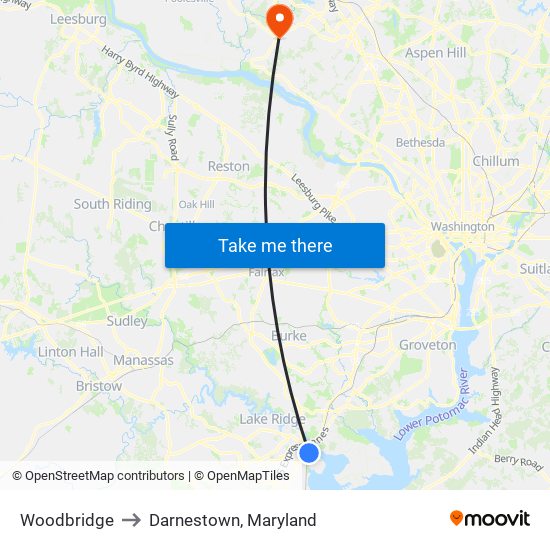 Woodbridge to Darnestown, Maryland map