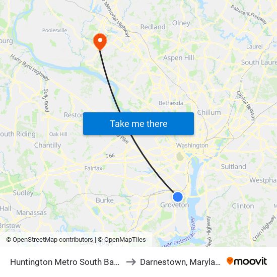 Huntington Metro South Bay C to Darnestown, Maryland map