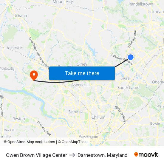 Owen Brown Village Center to Darnestown, Maryland map