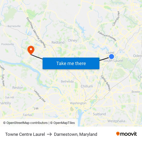 Towne Centre Laurel to Darnestown, Maryland map