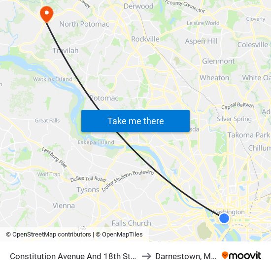 Constitution Avenue And 18th Street NW (Eb) to Darnestown, Maryland map