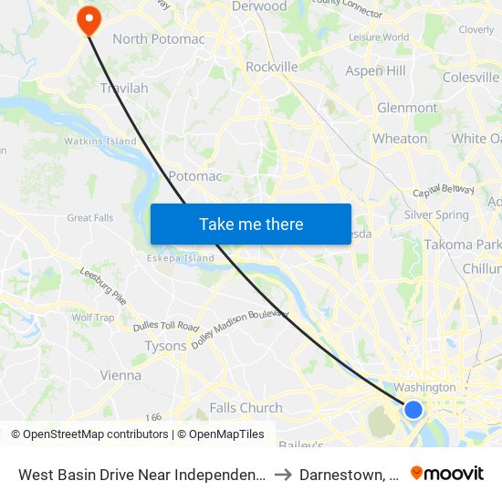 West Basin Drive Near Independence Avenue SW (Nb) to Darnestown, Maryland map