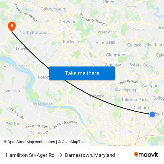 Hamiliton St+Ager Rd to Darnestown, Maryland map