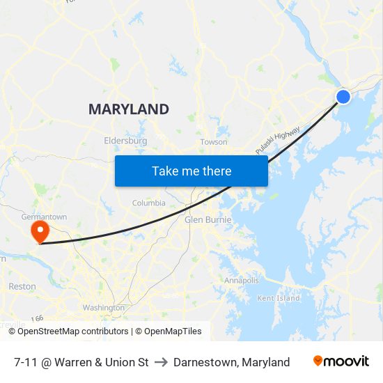 7-11 @ Warren & Union St to Darnestown, Maryland map