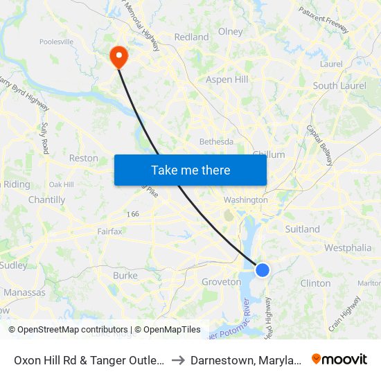 Oxon Hill Rd & Tanger Outlets to Darnestown, Maryland map