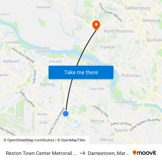 Reston Town Center Metrorail Station to Darnestown, Maryland map