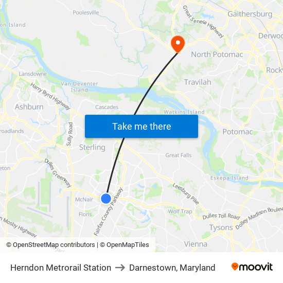 Herndon Metrorail Station to Darnestown, Maryland map