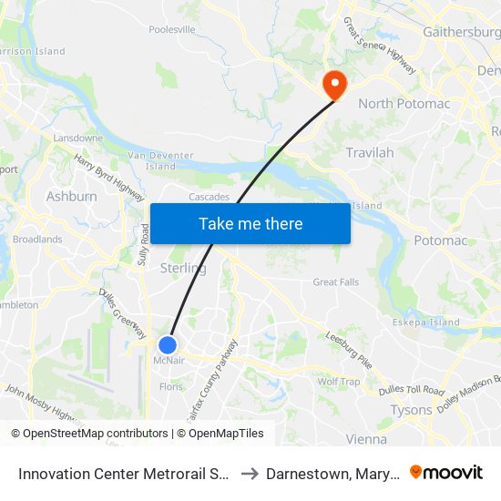 Innovation Center Metrorail Station to Darnestown, Maryland map