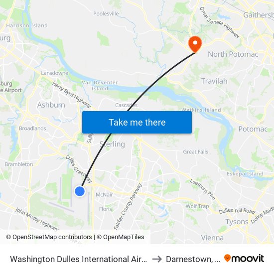 Washington Dulles International Airport Metrorail Station to Darnestown, Maryland map