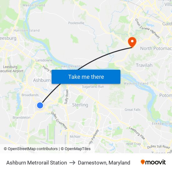 Ashburn Metrorail Station to Darnestown, Maryland map
