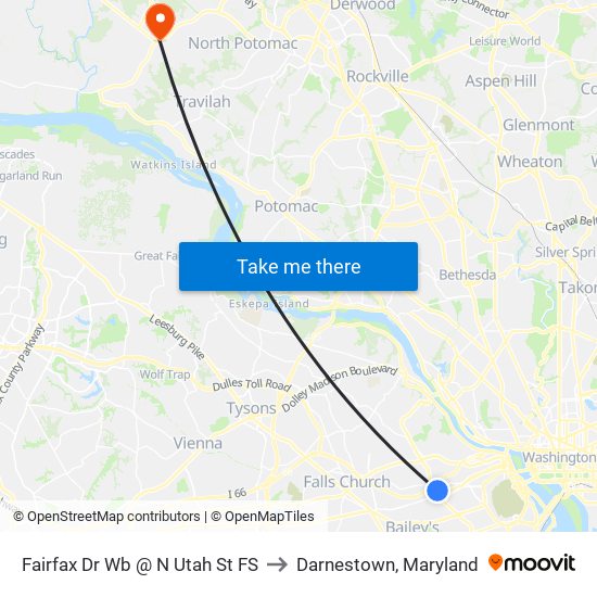 Fairfax Dr Wb @ N Utah St FS to Darnestown, Maryland map