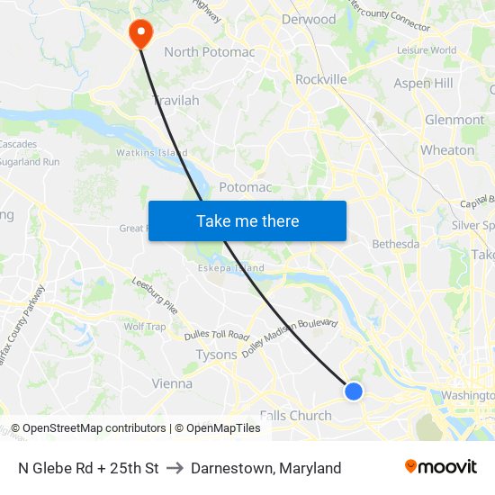 N Glebe Rd + 25th St to Darnestown, Maryland map