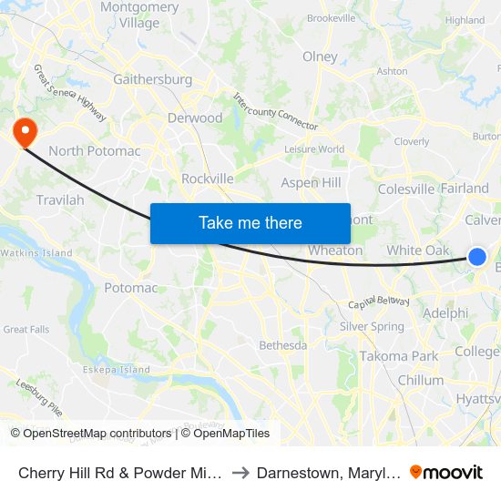 Cherry Hill Rd & Powder Mill Rd to Darnestown, Maryland map