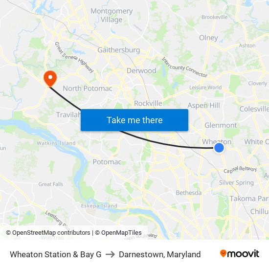 Wheaton Station & Bay G to Darnestown, Maryland map