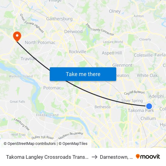 Takoma Langley Crossroads Transit Center + Bus Bay A to Darnestown, Maryland map