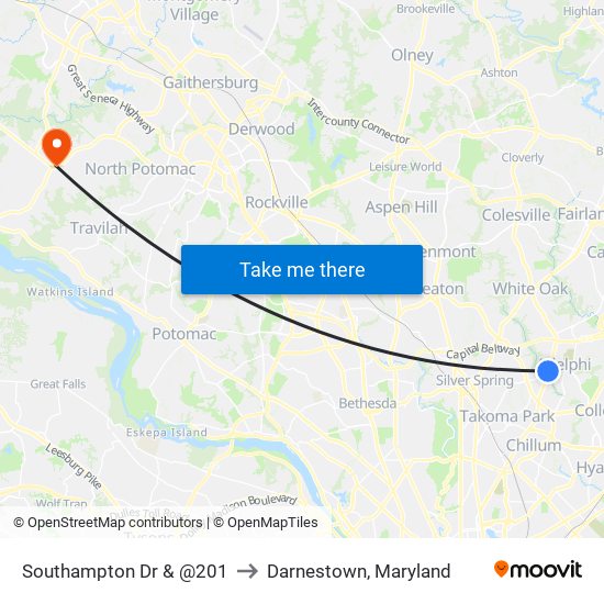 Southampton Dr & @201 to Darnestown, Maryland map