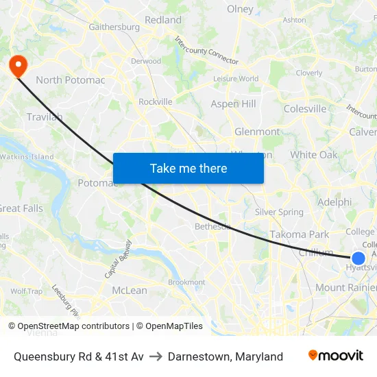Queensbury Rd & 41st Av to Darnestown, Maryland map